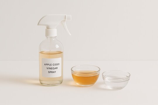 clear glass spray bottle labeled "Apple Cider Vinegar Spray," bowls of apple cider vinegar and water. Set on a clean white  background , homemade mosquito repellent . Space for text 