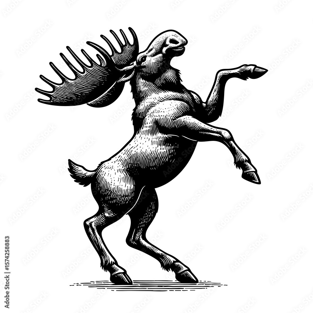 Poster rearing moose sketch engraving generative ai fictional character png illustration. scratch board imi