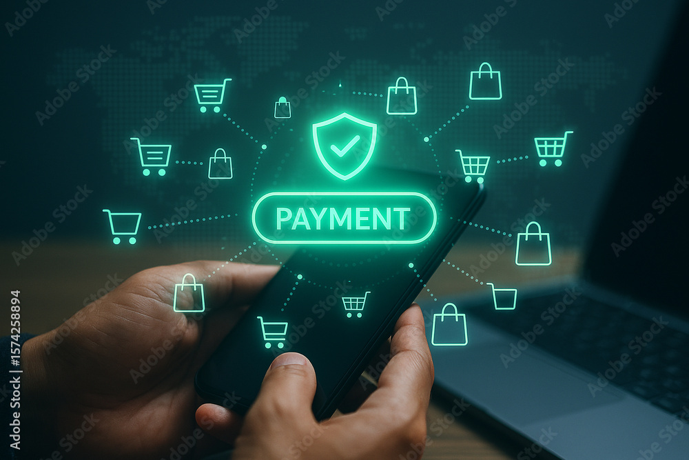 Poster secure online mobile payment app for e commerce shopping and digital banking transaction concept vec