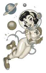 Hand-Drawn Vintage Space Girl with Planets and Stars Vector Art