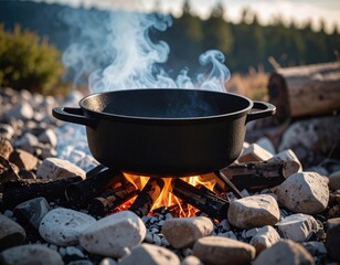 Cooking Outdoors Over Campfire In Cast Iron Pot