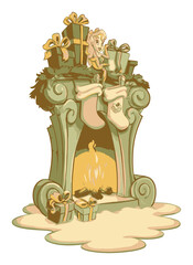 Hand-Drawn Vector Fireplace with Stockings and Christmas Gifts Illustration