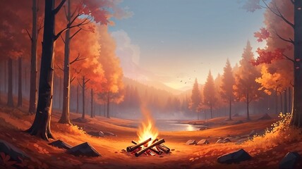 Cozy sunset scene with a glowing campfire in an autumn forest. The golden sun sets behind the trees, creating a peaceful, cozy atmosphere. Horizontal shot, landscape orientation
