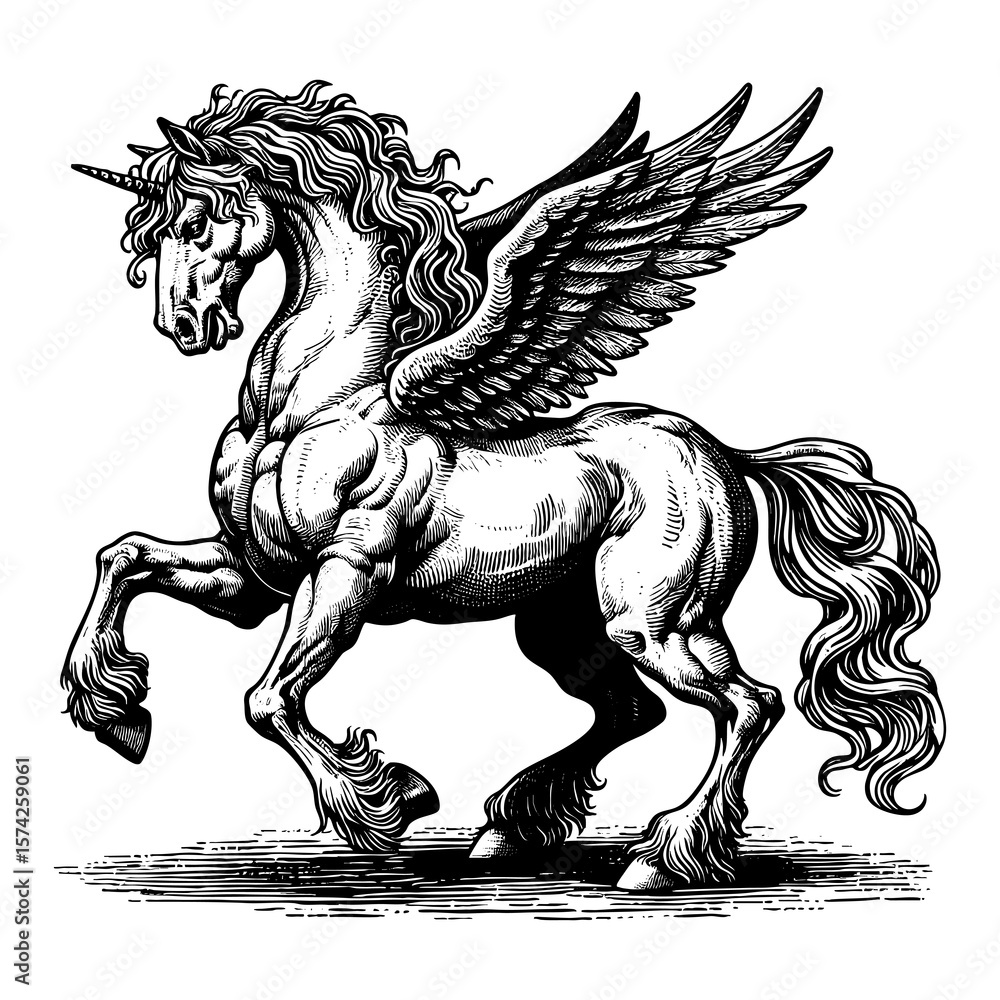 Poster unicorn with wings, posed in a dynamic stance with flowing mane and tail sketch engraving generative