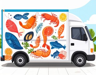 Colorful Food Truck Decorated With Fish And Seafood Illustrations