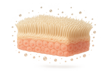 Detailed human intestinal villi and microvilli absorbing, transparent background.
