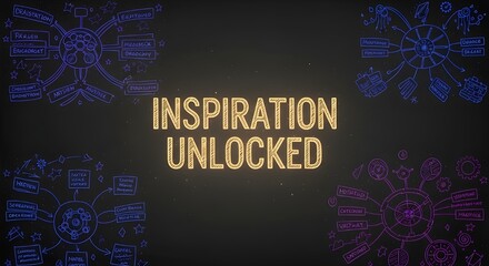 Inspiration Unlocked Text - Chalkboard Doodles, Creative Ideas Mind Map, Business Brainstorming, Innovation, Solutions, Learning Progress
