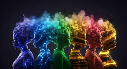 Abstract Fractured Head - Colorful Glowing Silhouette, AI Brain, Creative Mind, Digital Thought, Consciousness, Imagination, Innovation, Brainstorm