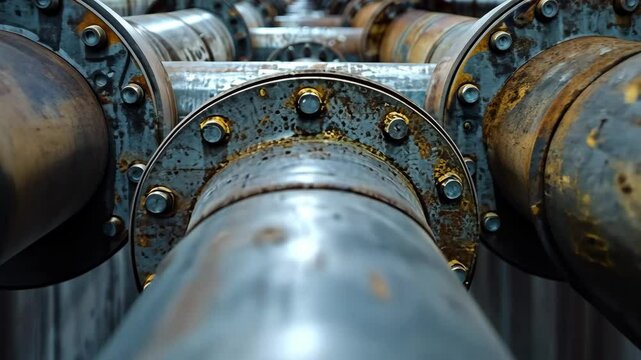Selective focus. Massive plumbing pipes with flanged joints in industrial setup