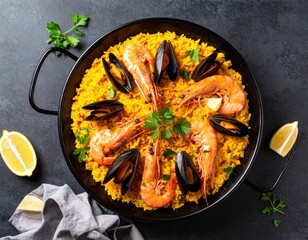 Golden Paella Dish With Shrimp And Mussels