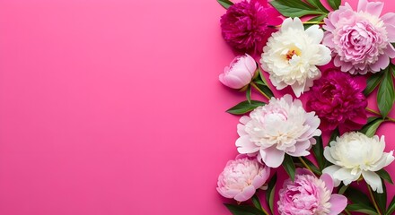 Vibrant Pink White Peonies - Hot Pink Background Floral Border, Lush Spring Bloom Design, Feminine Decorative Corner, Botanical Beauty, Lush Decor