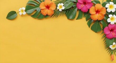 Vibrant Tropical Flowers Corner Arrangement - Yellow Background, Exotic Monstera Leaves, Summer Paradise Bloom, Hibiscus, Plumeria, Vacation Theme
