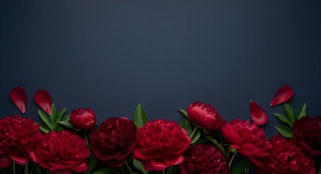 Elegant Red Peonies Floral Bottom Border - Dark Blue Background, Dramatic Romantic Flowers, Deep Crimson Bloom Arrangement, Moody Botanical Decor