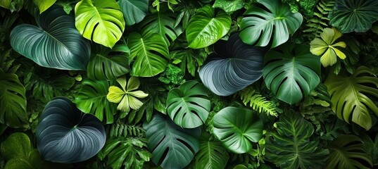 Lush Tropical Foliage Background Featuring Anthurium, Ferns, and Monstera Plants for Nature Designs