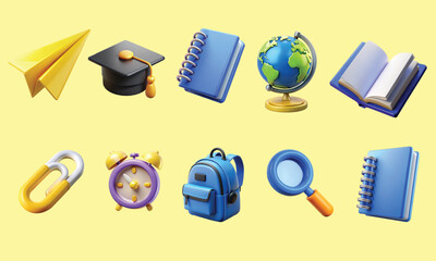 3d set back to school icons. 
Render school symbol for education, back to school, knowledge concept.