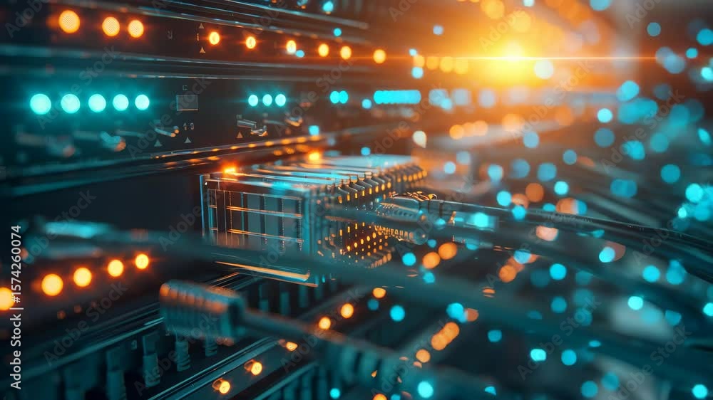 Poster a futuristic close-up of network switches and cables with glowing blue and orange lights, surrounded