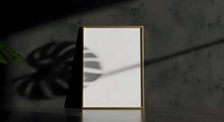 Mockup Gold Vertical Frame - Concrete Wall, Monstera Shadow, Industrial Interior, Minimalist Art Display, Plant Shadow Play, Urban Aesthetic
