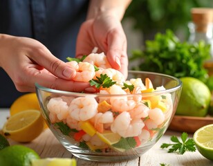 Woman Preparing Shrimp Salad In Glass Bowl