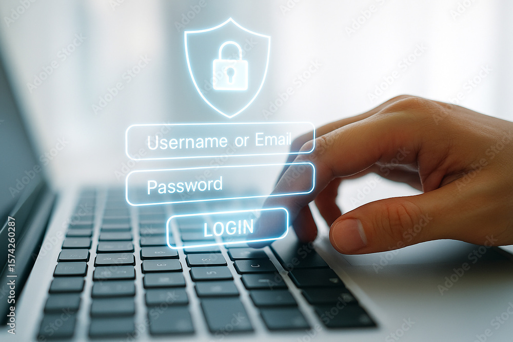 Poster secure login on laptop for cybersecurity and data protection with username and password authenticati
