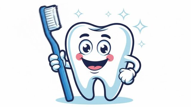 Cartoon tooth character holding toothbrush for childrens dental health education