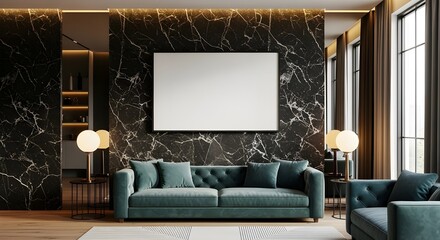 Mockup Horizontal Frame - Emerald Green Sofa, Luxury Living Room Interior, Modern Marble Wall, Elegant Home Decor, High-End Design, Opulent Setting
