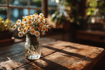 Daisy flowers in a glass jar catch warm sunlight, creating a cheerful ambiance in a rustic indoor setting with wooden surfaces