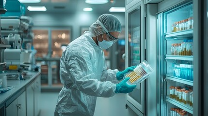 A forensic specialist in protective clothing carefully loading DNA samples into an automated sequencing inside a secure well equipped crime lab