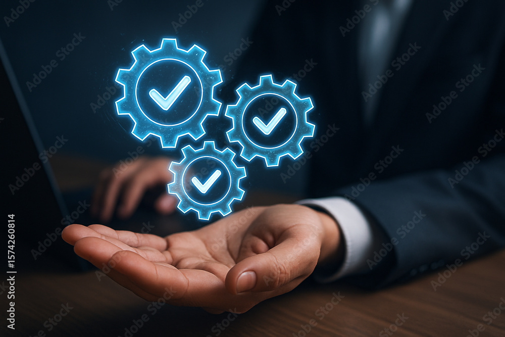 Poster process automation efficiency and optimization with gears and check marks in business management con