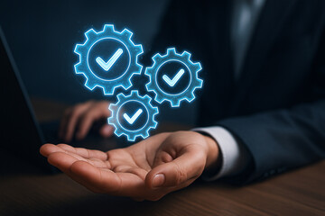 Process automation efficiency and optimization with gears and check marks in business management concept