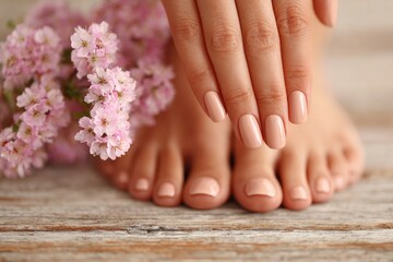Soft, natural manicure complements elegant toes, surrounded by pink floral accents on weathered wood