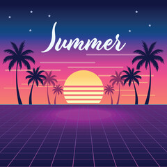 Retrowave Summer Sunset with Palm Trees and Grid Landscape. A vibrant, retro-futuristic illustration featuring a large, striped sunset, silhouetted palm trees, and a perspective grid