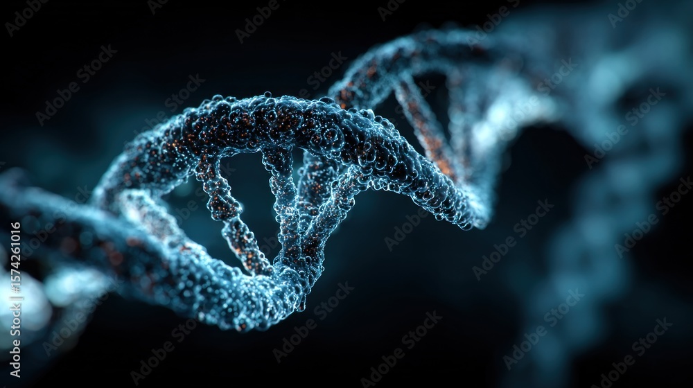 Poster a glowing binary representation of dna showcases intricate details in a deep blue digital landscape,