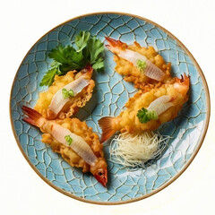 Crispy Fried Seafood on Teal Ceramic Plate – Top View
