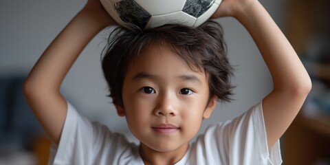 Asian child holding soccer ball overhead with focused expression