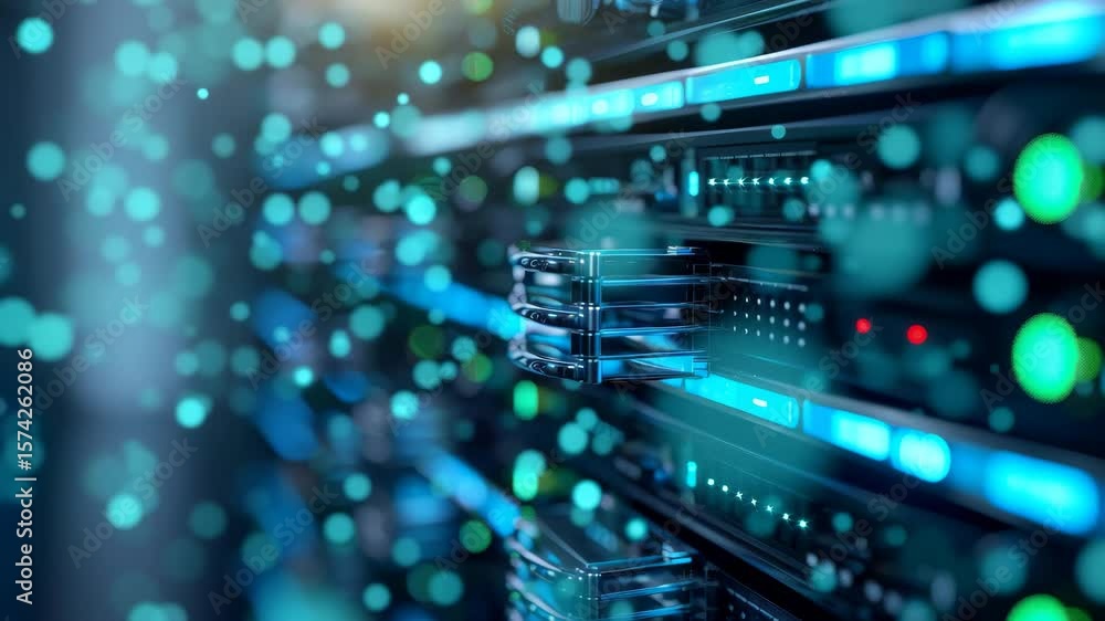 Poster a dynamic, close-up shot of server racks with glowing blue and green lights, surrounded by floating 