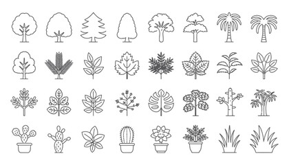 Collection of outline icons representing diverse trees and plants.
