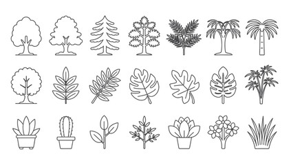Collection of outline style trees and plant vector illustrations.
