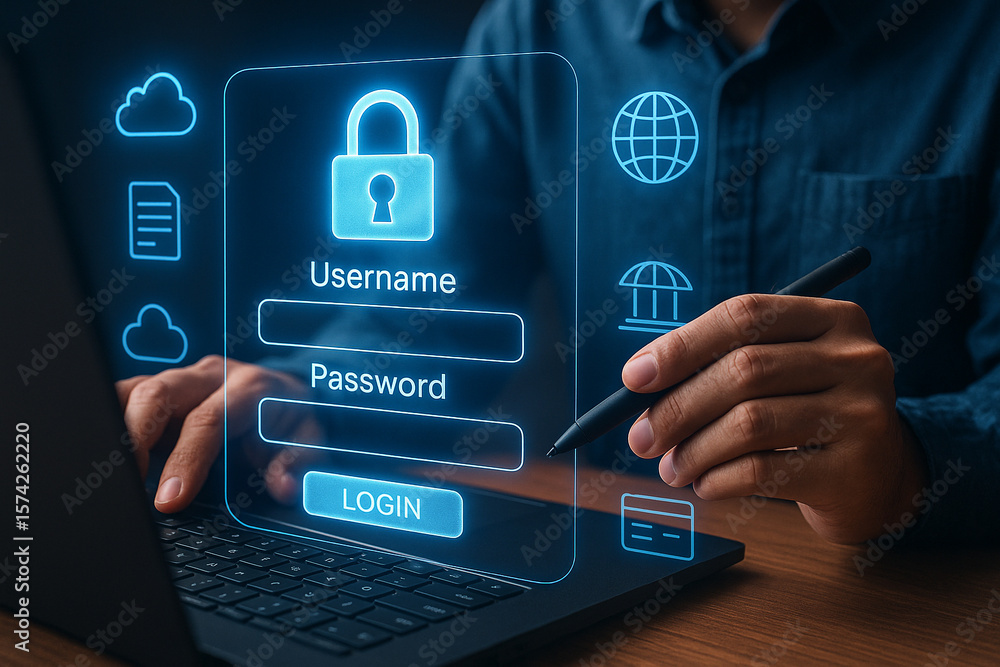 Poster cybersecurity login access with username and password for secure online banking and cloud data acces