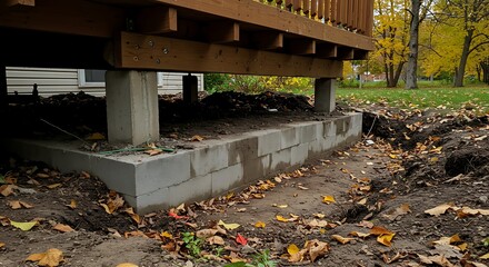 An unfinished deck base showing solid concrete blocks and sturdy timber construction.


