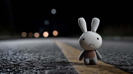 Peluche lapin triste et solitaire sur une route mouillee la nuit