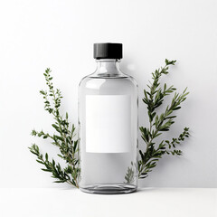 Clear glass bottle mockup with blank label and green herbal branches on white background
