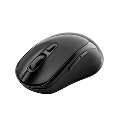 Glossy black wireless computer mouse with scroll wheel isolated on transparent background
