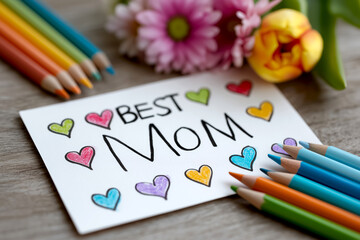 Colorful handmade card with the words Best Mom surrounded by vibrant flowers and colored pencils, heartfelt message for Mother's Day, special occasions celebrating maternal love, love and appreciation