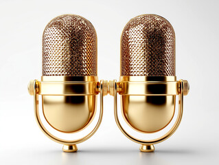Vintage-style golden microphones with intricate mesh detailing on a clean white background, showcasing elegance and sophistication in audio recording equipment design, song contest symbol