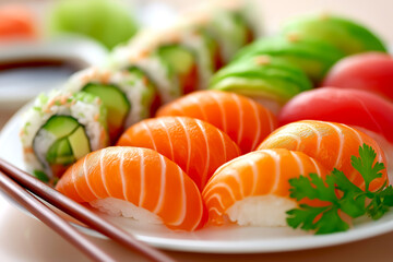 Fresh sushi platter featuring vibrant salmon nigiri, colorful vegetable rolls, and garnishes, beautifully arranged on a white plate, showcasing the art of Japanese cuisine and culinary presentation