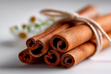 Close-up of aromatic cinnamon sticks tied with twine, showcasing rich textures and warm colors, with delicate greenery in the background, creating a cozy and inviting culinary atmosphere