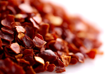Close-up view of crushed red chili flakes scattered on a white surface, showcasing vibrant colors and textures, ideal for culinary use, adding spice and flavor to various dishes and recipes