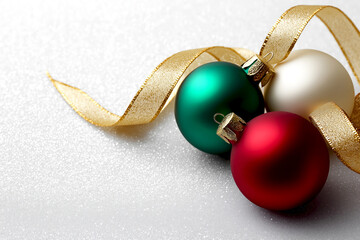 Colorful Christmas ornaments in red, green, and white, elegantly arranged with golden ribbon on sparkling silver background, creating a festive and joyful holiday atmosphere for seasonal celebrations
