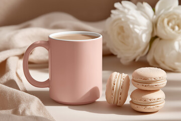 Pink ceramic mug filled with warm beverage beside delicate macarons and soft fabric, with white roses in the background, creating a cozy inviting atmosphere for relaxation, post card, greeting card