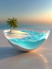 Glass bowl containing a miniature tropical island with a palm tree, surrounded by blue water, creating imaginative scene that evokes feelings of relaxation, escape, summer holidays, vacation, travel